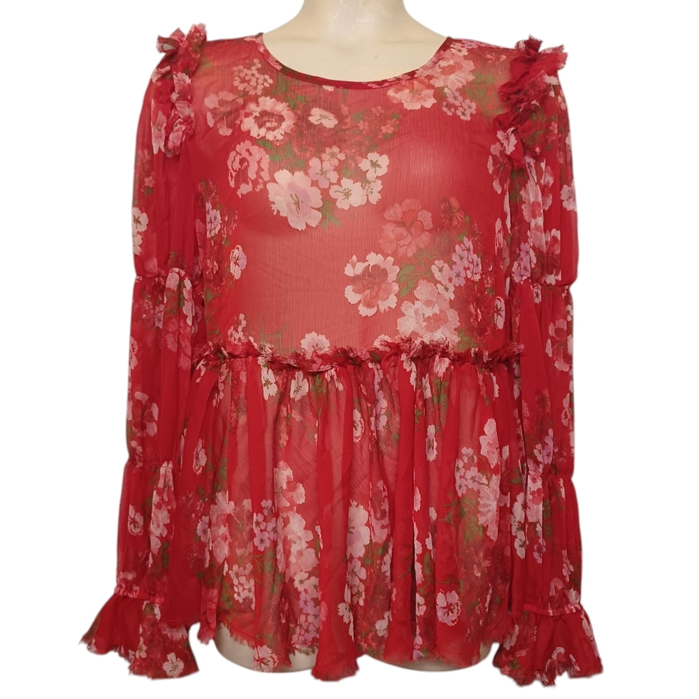 ASOS Top 18 Semi Sheer Red Pink Floral Print Long Sleeve Raw Hem Boho